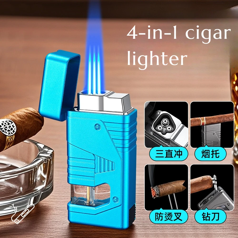 New Multi-functional Direct-flush Windproof Inflatable Three-flame Lighter with Transparent Air Window Cigar Accessory