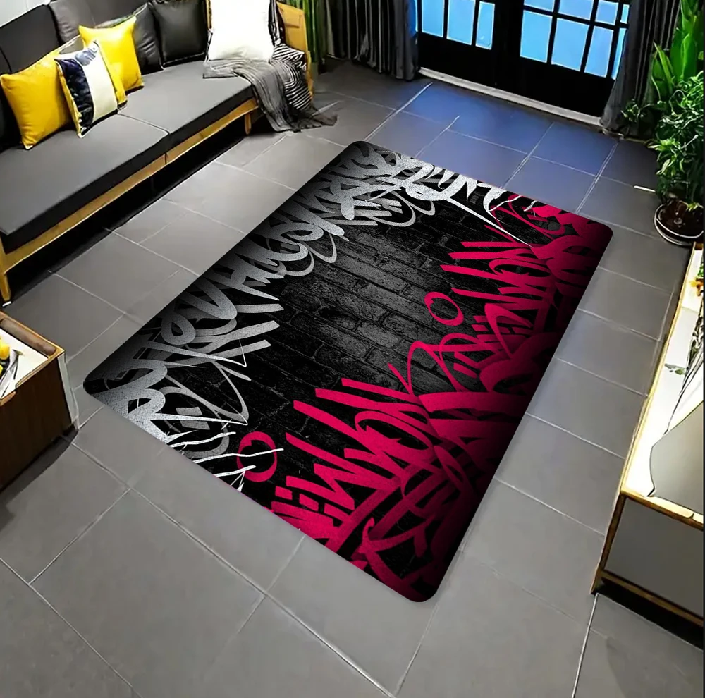 

Modern Graffiti Style Rug Silver Pink Abstract Text Pattern Non-Slip Carpet Contemporary Living Room Bedroom Rug Decor Home
