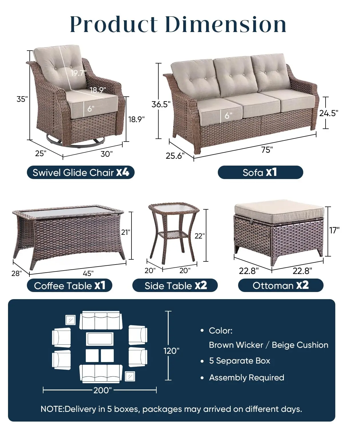 High Back Patio Furniture Set Swivel Rocker Chairs 4 & 3 Seater Sofa Wicker Ottoman Coffee Table Garden Backyard, Customized