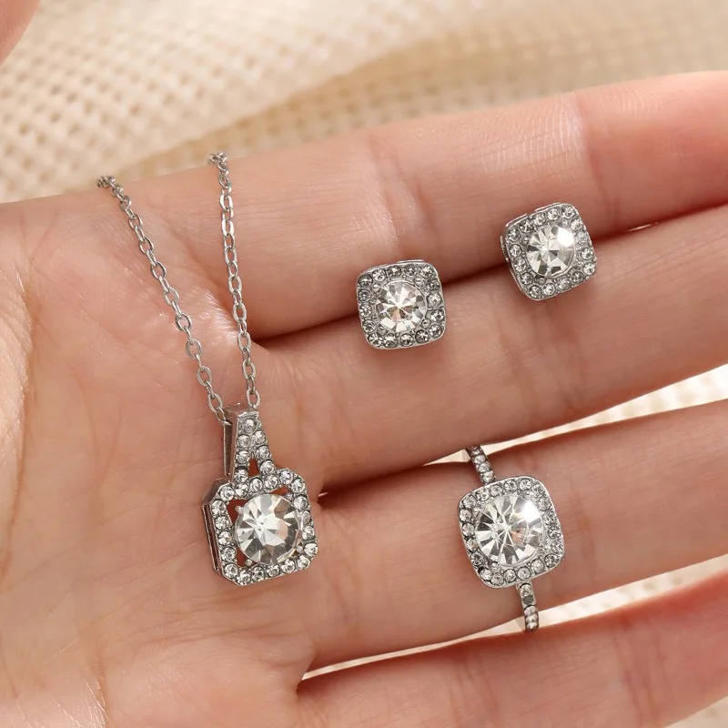 Titanium Steel Necklace and Earrings Ring Set for Women, Micro-paved Zircon Jewelry, Fashionable and Elegant, 3-Piece Set