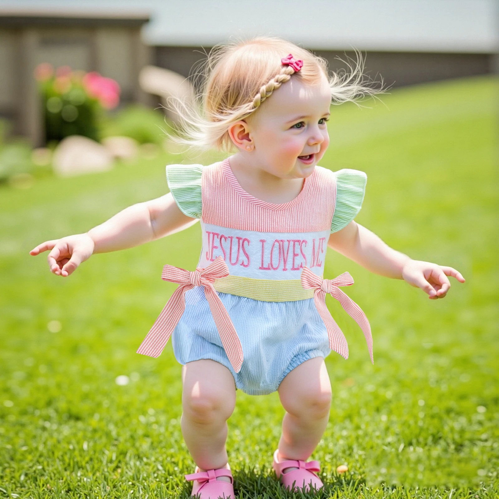 Newborn Baby Girl Patchwork Bodysuit Outfit Jesus Loves Me Smocked Romper Striped Bow Sleeveless Rompers Sunsuits