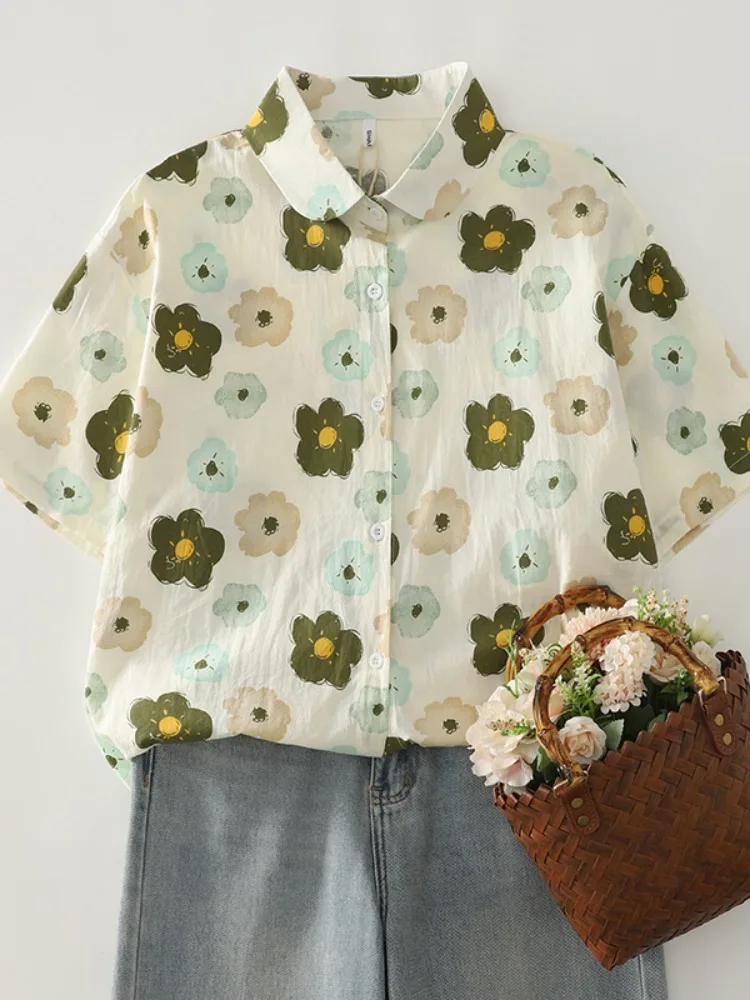 

Summer Floral Print ort Sve irt Women's Thin Cardigan Sle Commute Vintage Loose Fit Button down Ne Top
