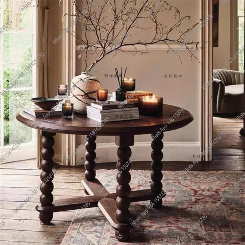 

French old walnut solid wood round coffee table American retro small table living room coffee table