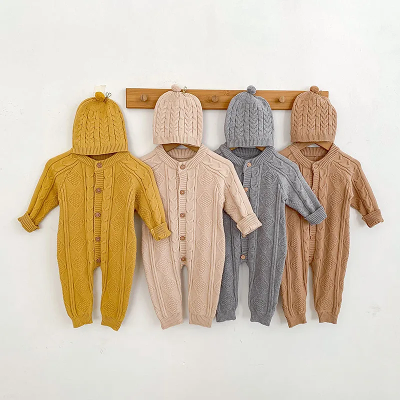 

MILANCEL New Autumn Baby Knitted Jumpsuit 0-24M Solid Color Knit Toddler Boys Rompers +Hat Infant Outwear Clothes