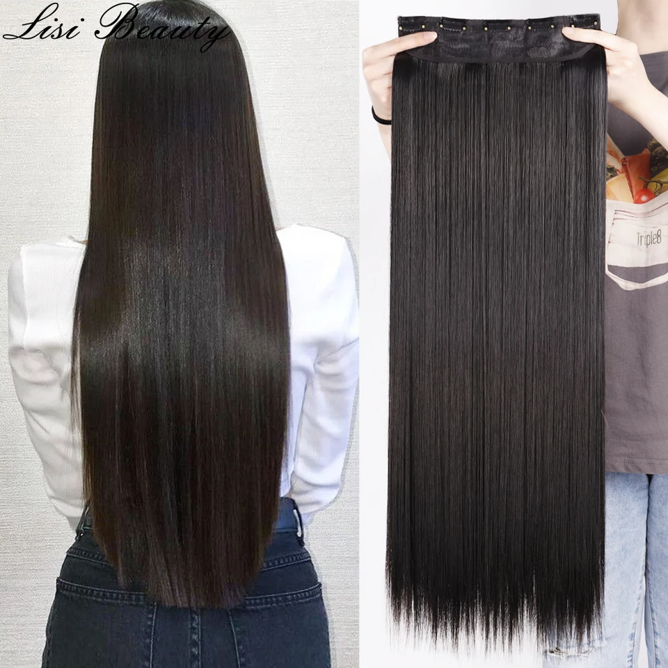 Extensiones de Cabello Sintético con 5 Clips, Lacio Largo, Negro, Marrón o Rubio, 80cm