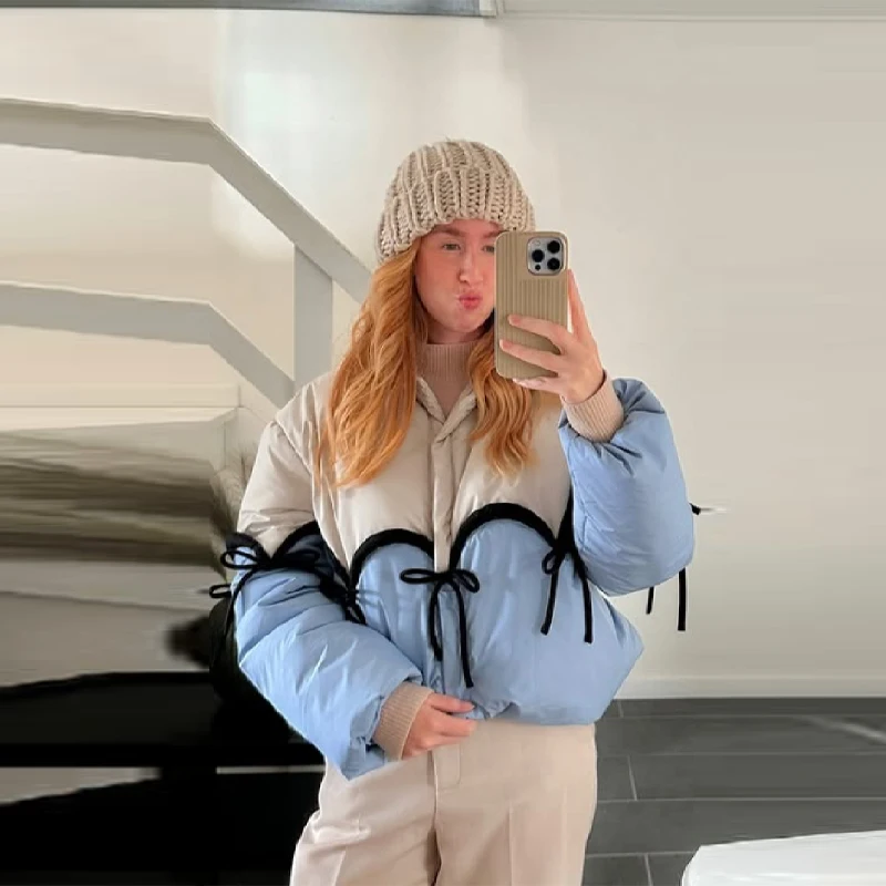 

Fashion New Color Blocking Cotton Jacket High Neck Bow Decoration Thicken Short Blue White Coat Winter Women Daily Outerwear
