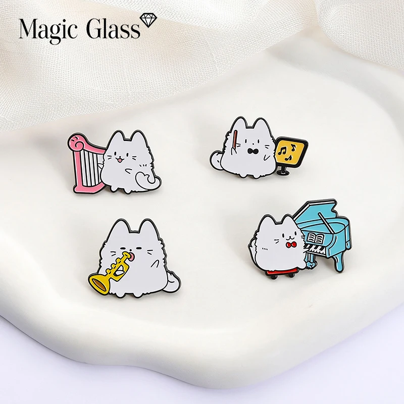 New Cute White Cat Playing Music Cartoon Enamel Brooch Badge Jewelry For Bag Clothing Backpack Party