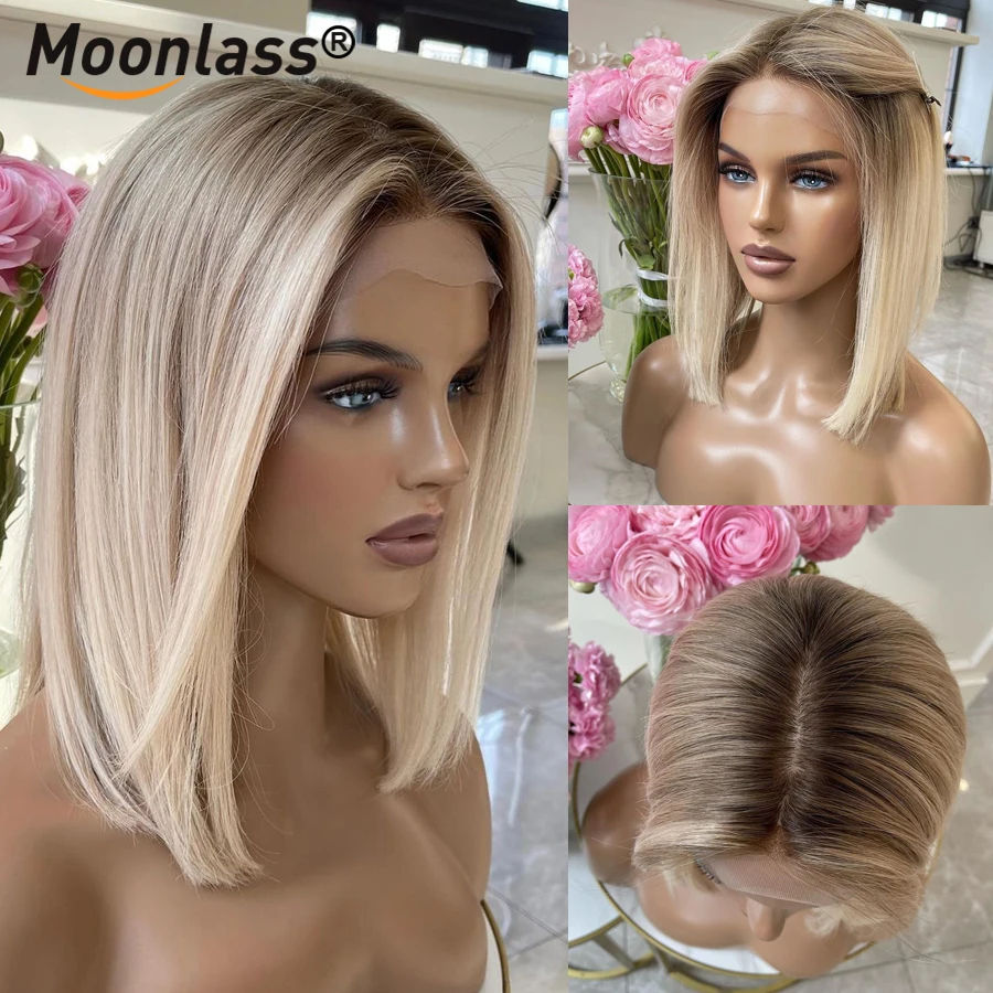 Korte As Blonde Pruiken Menselijk Haar Ombre Highlight Pruik 180% Dichtheid Bot Rechte Pruik 13X4 Lace Front Human Hair Pruiken Voor Vrouwen