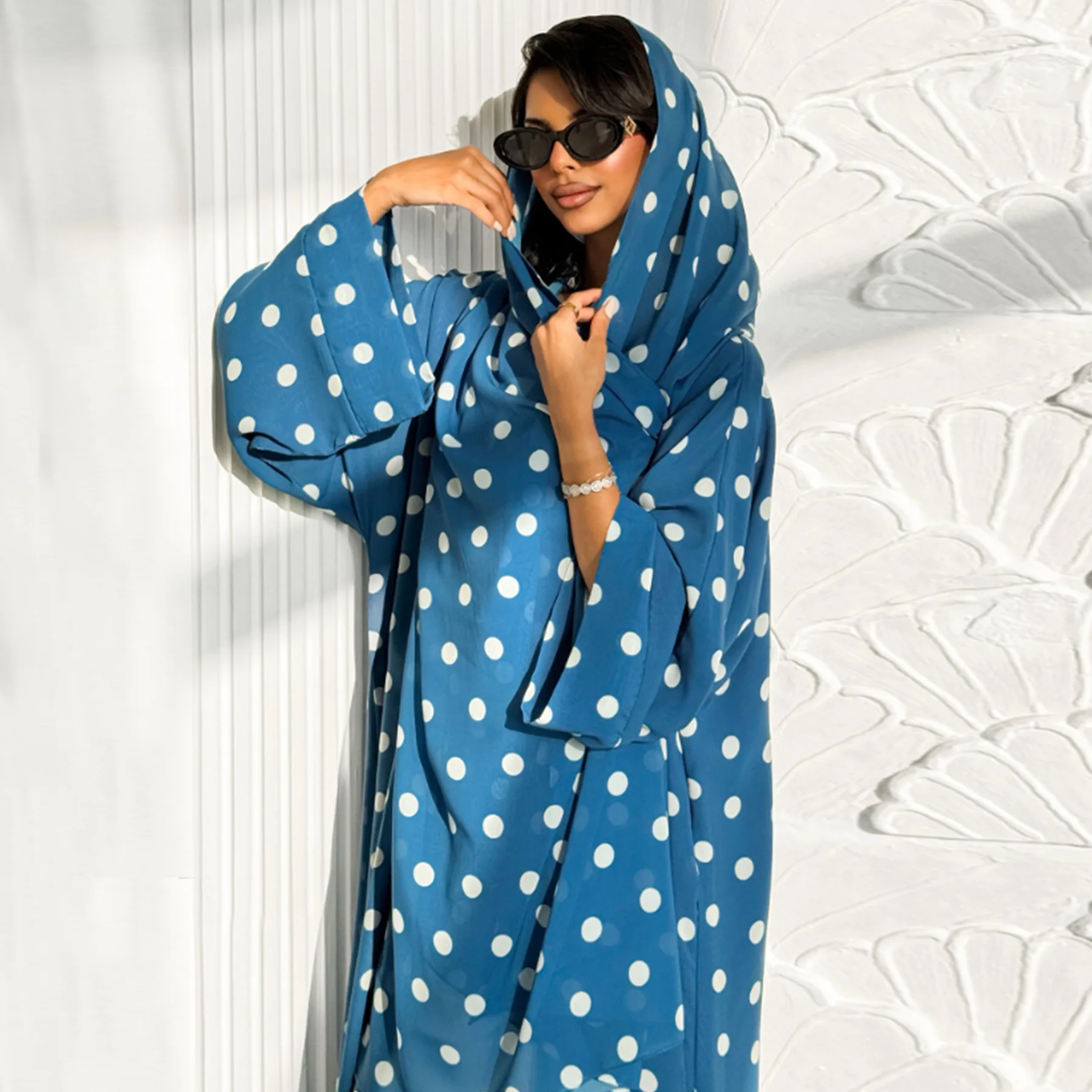 이드 무슬림 여성복 오픈 아바야 카디건 로브 히잡 2피스 세트 잘라비야 모로코 도트 프린트 라마단 두바이 카프탄 베스티도스