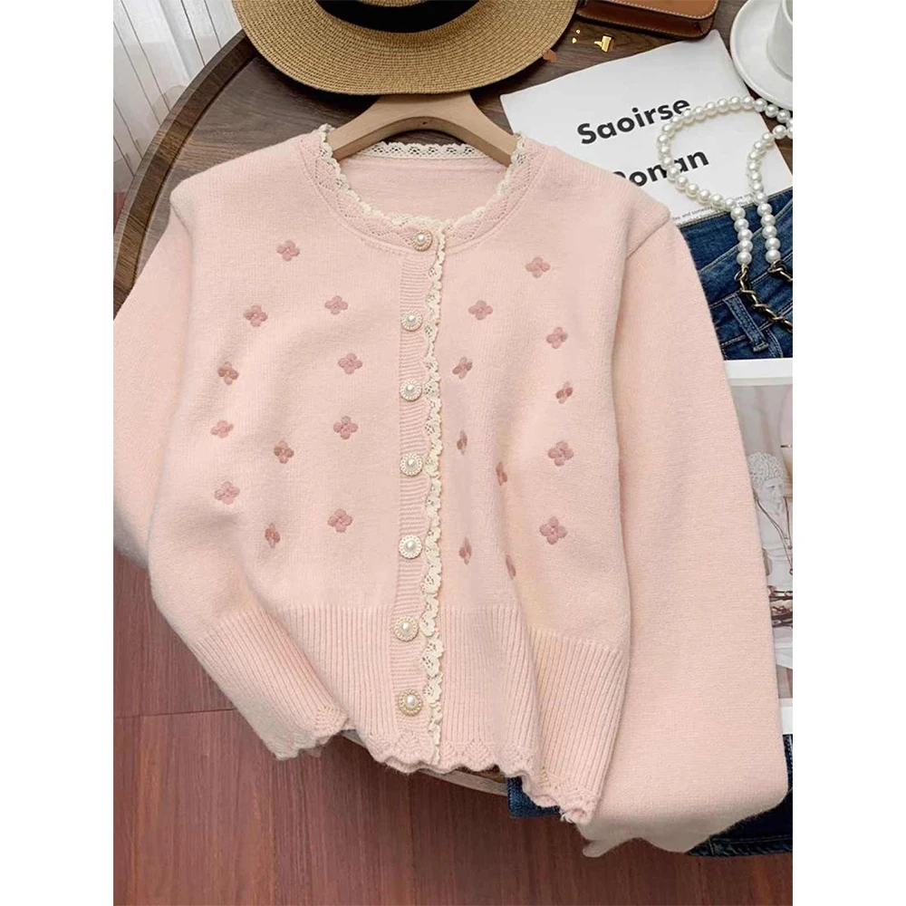 

Women Pink Cardigan Luxury Sweater Vintage 2000s Y2k Korean O-Neck Knitwear Long Sleeves Cashmere Sweater Autumn Shoujo Clothes