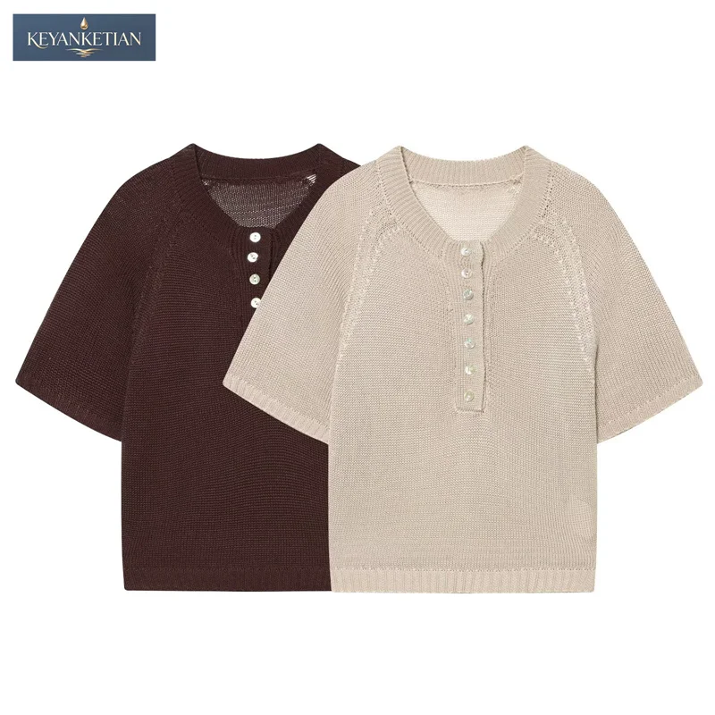 

KEYANKETIAN 2026 Minimalist Casual Relaxed-Fit Knit Top Henley Neck Half Button Placket Raglan Thin Short Sleeves Pullover
