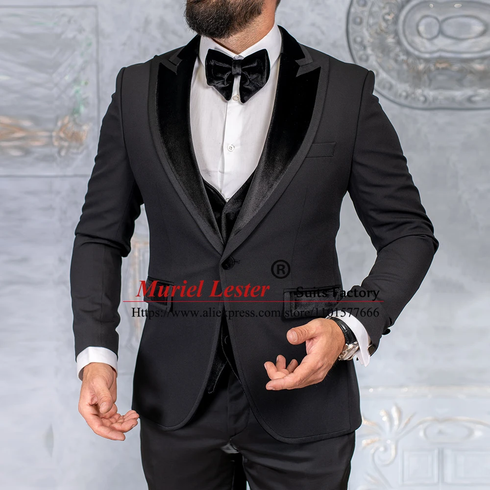 

Black Suits Men Peaked Lapel Blazer Vest Pants 3 Pieces Plus Size Man Wedding Tuxedo Tailore-Made Single Breasted Jacket Latest