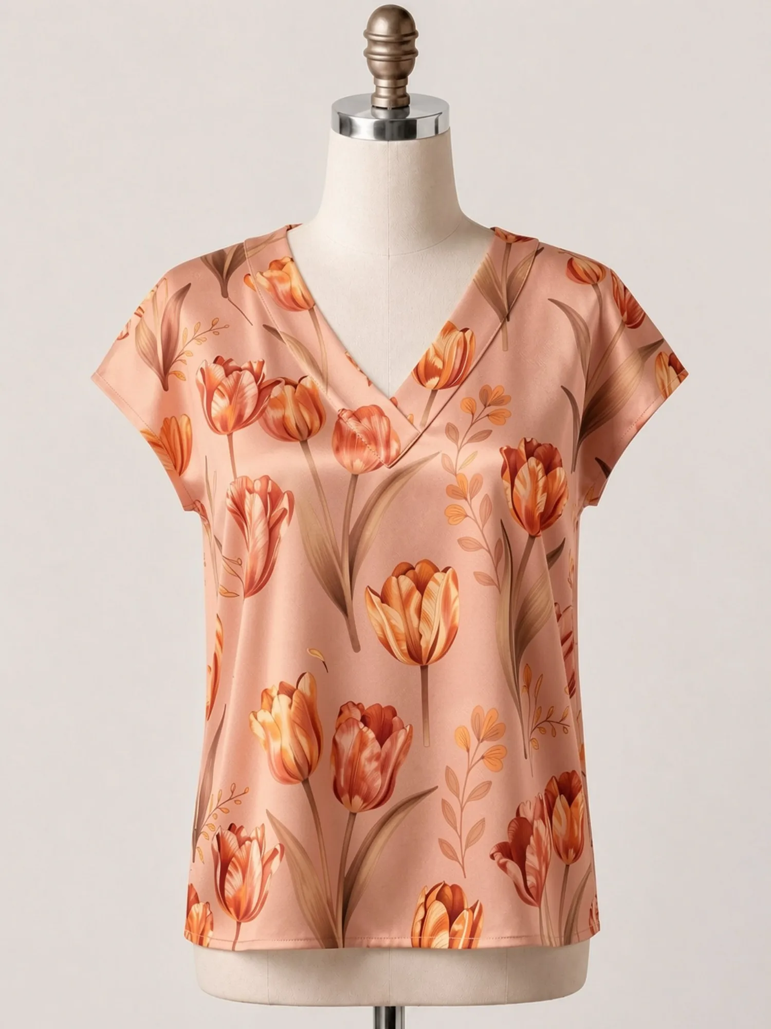 Floral Satin V Neck Top for Women Cap Sleeve Relaxed Draped Fit Silky Casual Summer Resort Wear Lightweight Breathable Versatile