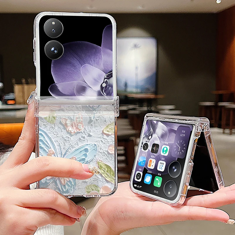 Oil Painting Butterfly Pattern Transparent Phone Case For Xiaomi Mix Flip 2 Shockproof Folding Hard PC Cover For Mi Mix Flip 5G