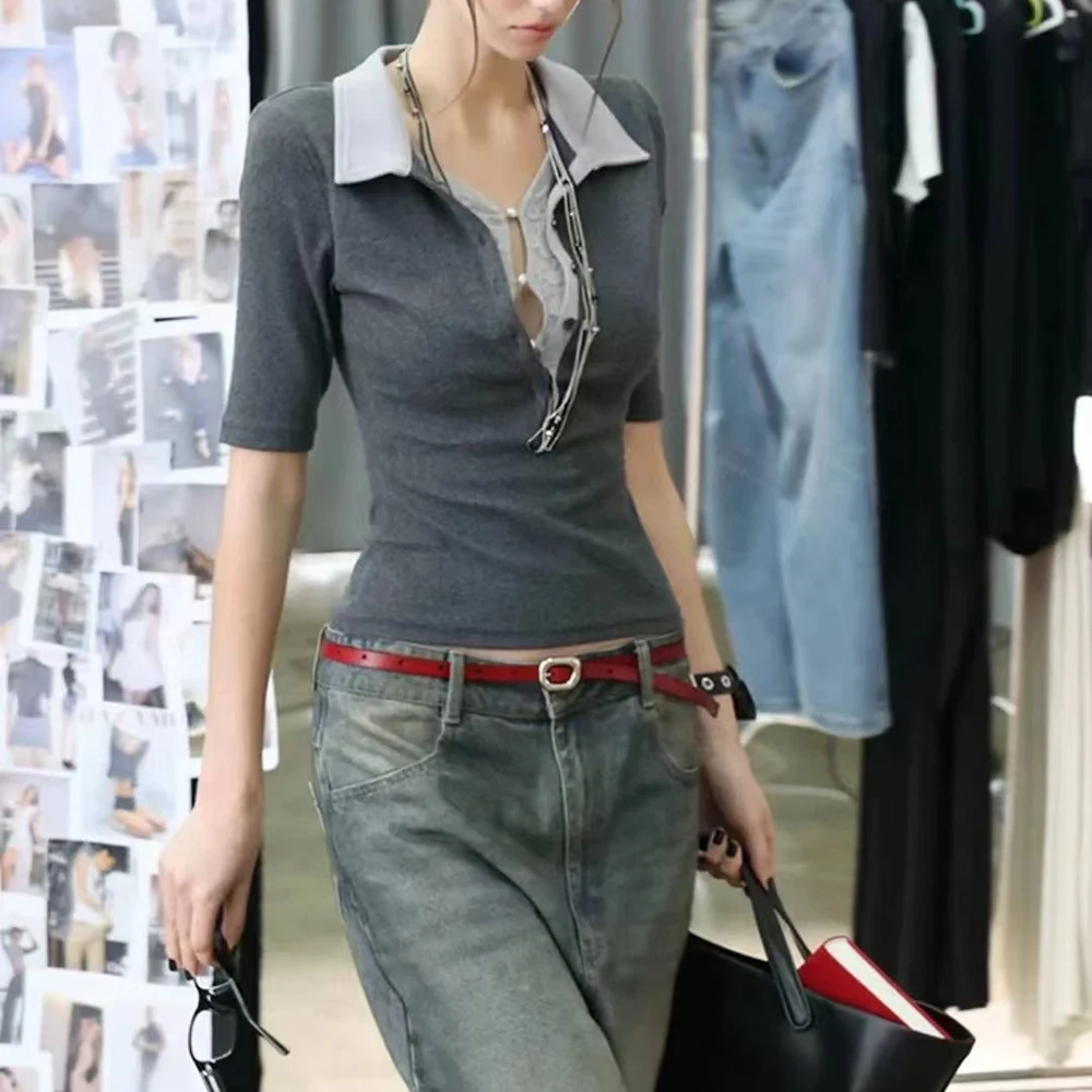 TWOTWINSTYLE Hit Color Slimming Spliced Lace Up T Shirts for Women Lapel Short Sleeve Tunic Temperament T Shirt Female