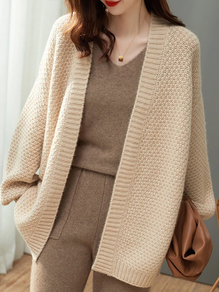 Elegant Loose Long Sleeve Thick Knitted Cardigan Women New Autumn Winter Soft Solid Color Sweater Korean Fashion Streetwear 2023