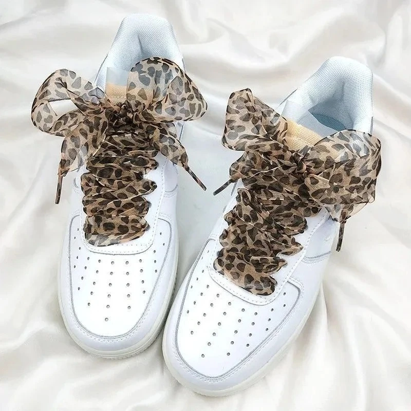 4cm Wide Leopard Print Organza Chiffon Shoelaces 140CM Bow Decor Shoe Strings for Canvas Sneakers White Shoes