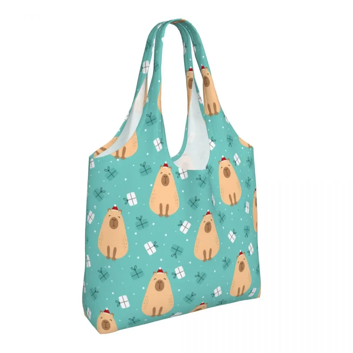 Custom Merry Christmas Capybara Groceries Shopping Bag Printing Canvas Shopper Tote Shoulder Bags Big Capacity Washable Handbag