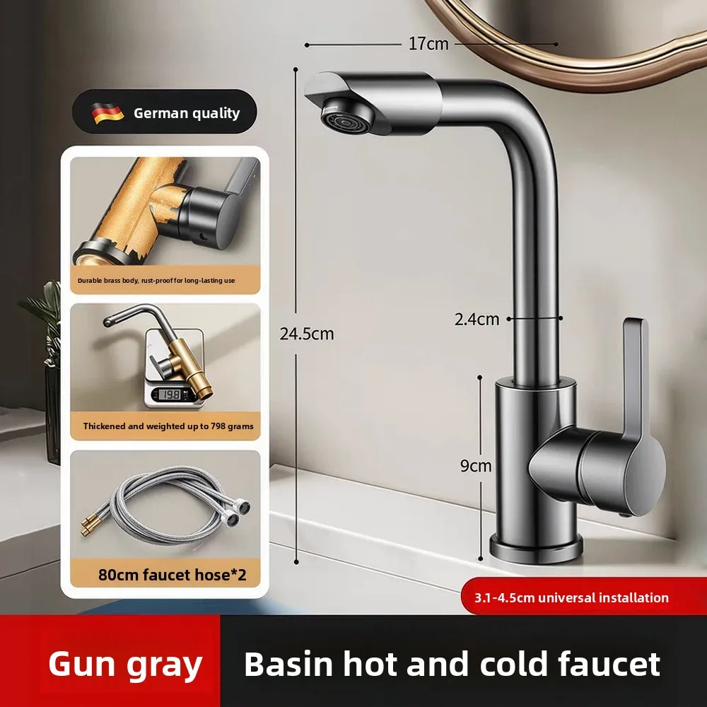 

Chrome Basin Faucet 360° Swivel Spout Solid Brass Body Bathroom Sink Mixer Tap Single Lever Hot Cold Water with Quick Install