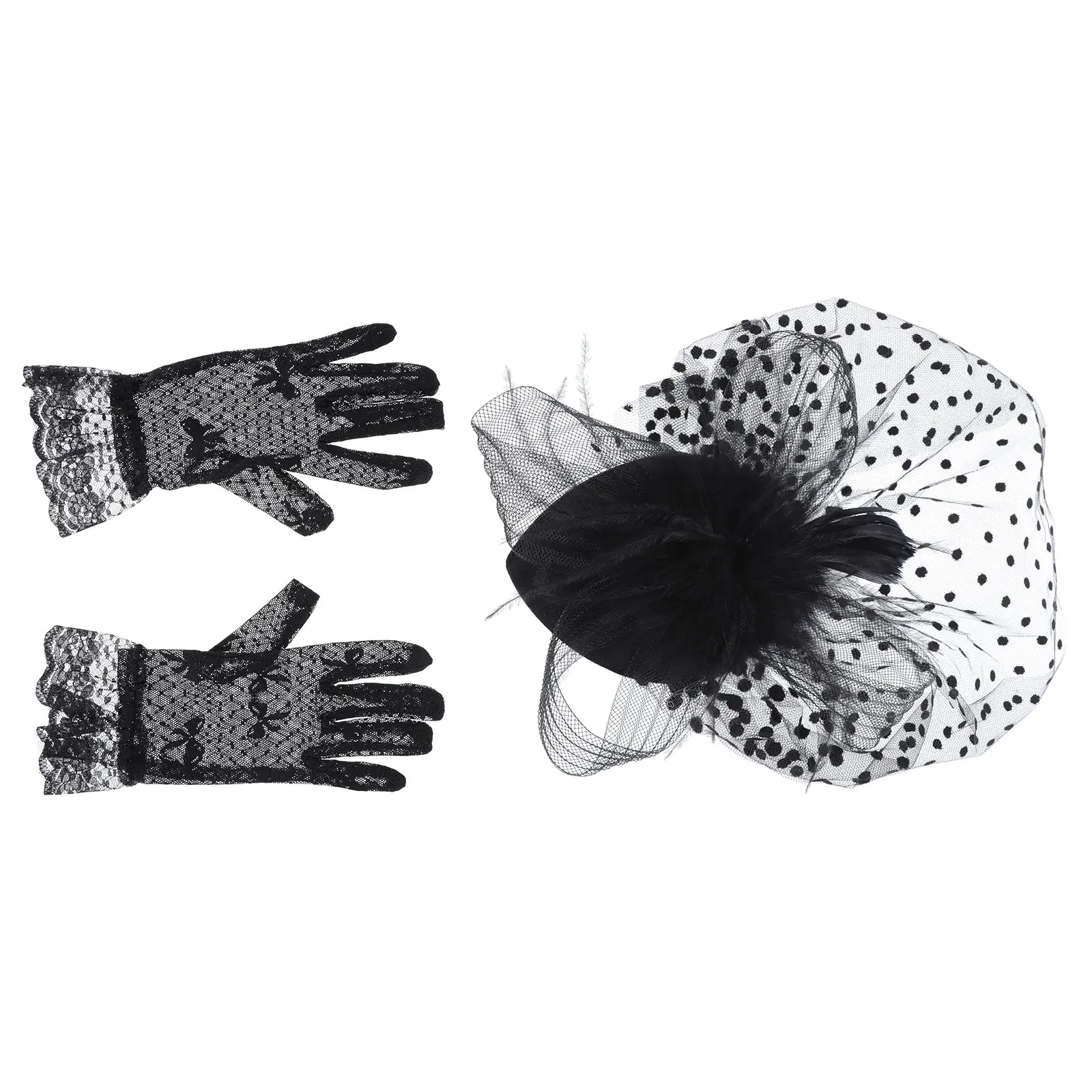 

Lace Mesh Hat Gloves Set Elegant Retro Headdress Hair Accessory Veil Wedding Church Cocktail Tea Banquet Photoshoot Masquerade