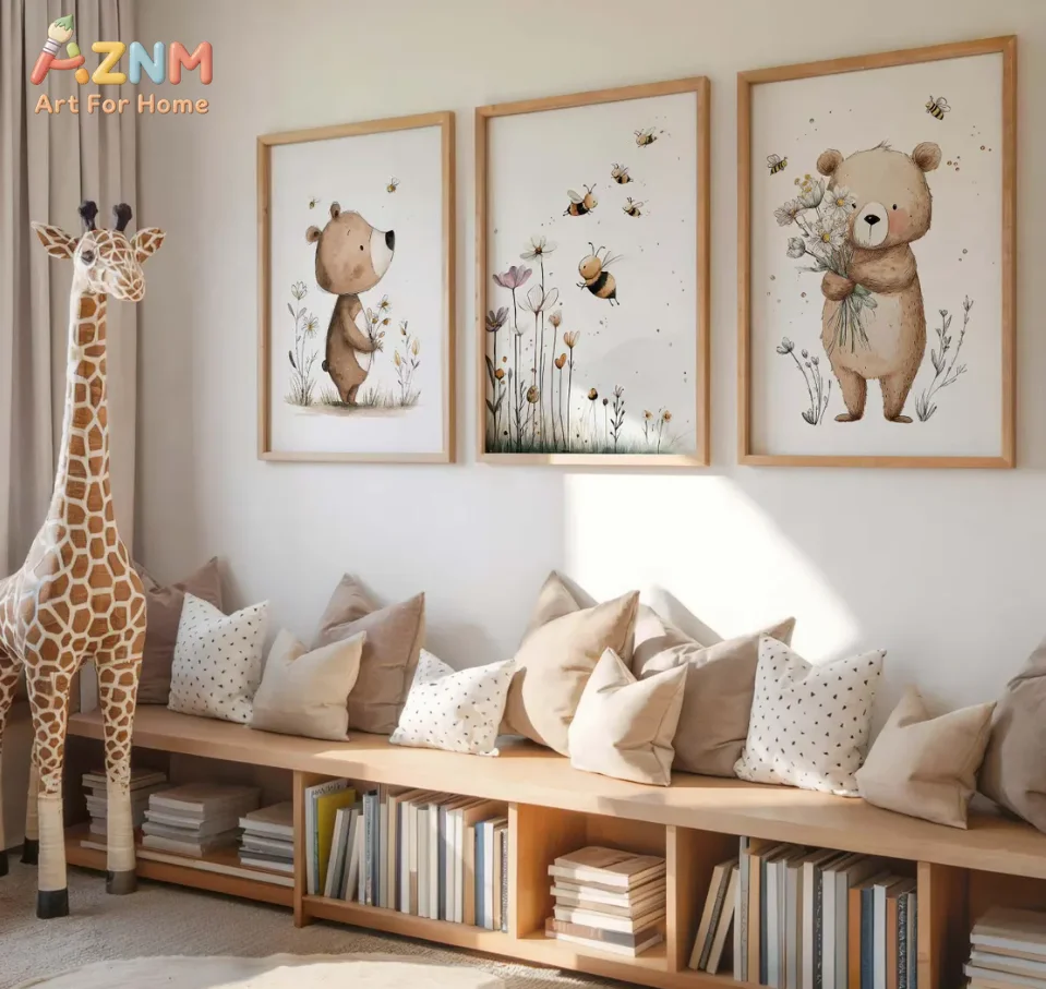 AZNM Watercolor Bear Bee Flower Canvas Wall Art, Cute Animal Print, Neutral Nursery Kids Room Decor, Unframed