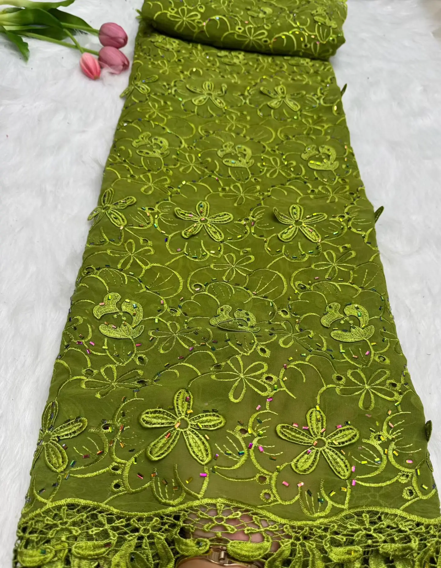 

High-Quality Africa Nigerian Sequins Cotton Embroidery Lace Fabric Tulle for Wedding Party Dress Chiffon 5 Yards For Dress H9-1