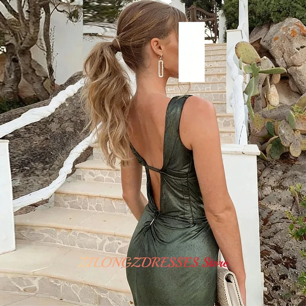 Sexy V-Neck Sleeveless Prom Dresses Customized Green Satin Evening Dress Modern Open Back High Split Special Occasion Gowns image 5