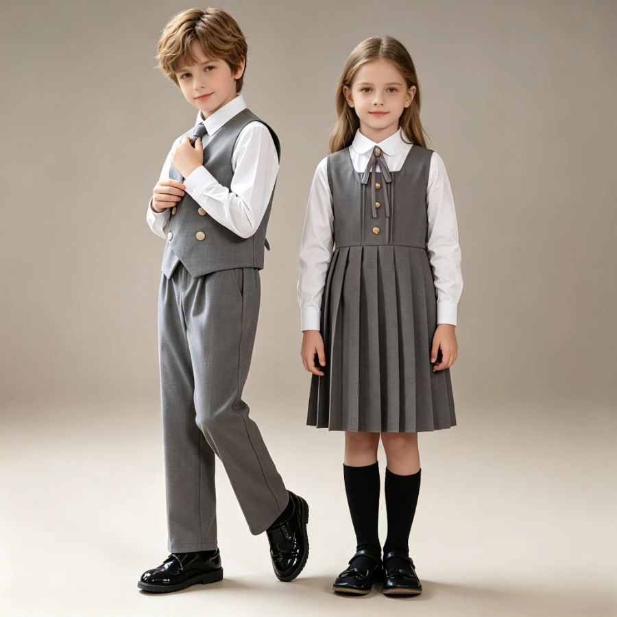 Kids Preppy Uniform Set Navy Double Breasted Boys Vest Pants Girls Dress with Bow Sibling Matching Outfit for Performance 4-14Y