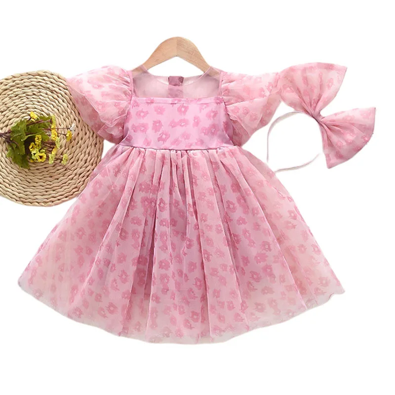 Mädchen Sommerkleid 2-8Y Süße Mädchen Blumen Puff Kurzarm Prinzessin Kleid Kinderkleidung Kinder Mesh Kleid