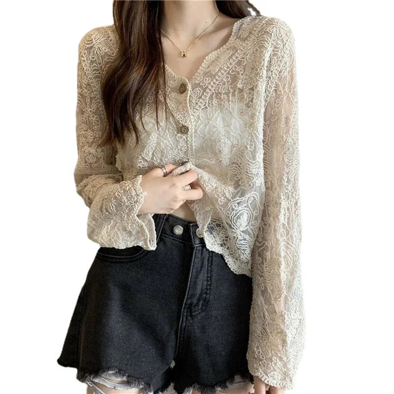 Knitted Cardigan for Women, V-neck, Crochet Hollow, Long Sleeves, Lace Undershirt, New Tide Cropped Cardigan, Foreign