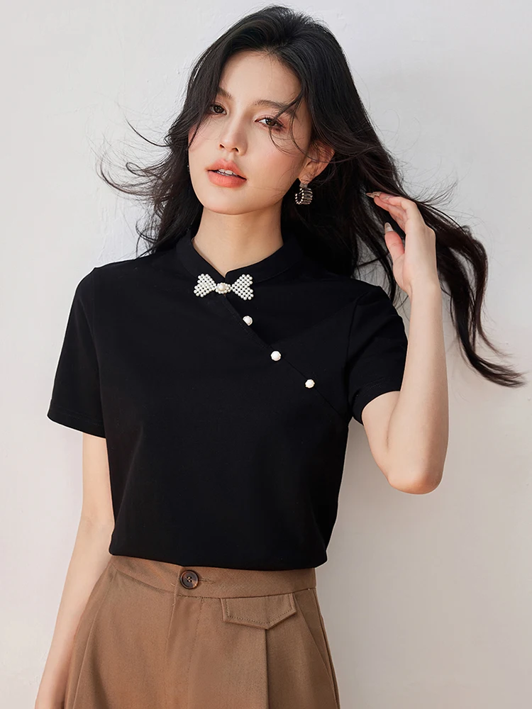 2024 Retro New Chinese Style Plate Buckle Stand-up Collar Top t-shirt Slim a maniche corte estate donna nuovo Casual Versatile