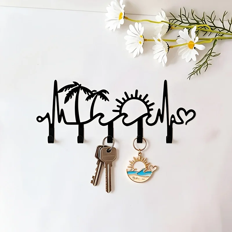 CIFBUY Boho Beach Metal Wall Hook Heartbeat Palm Tree Sunset Silhouette Key Holder Decorative Coat Hanger for Entryway Hallway B view 2