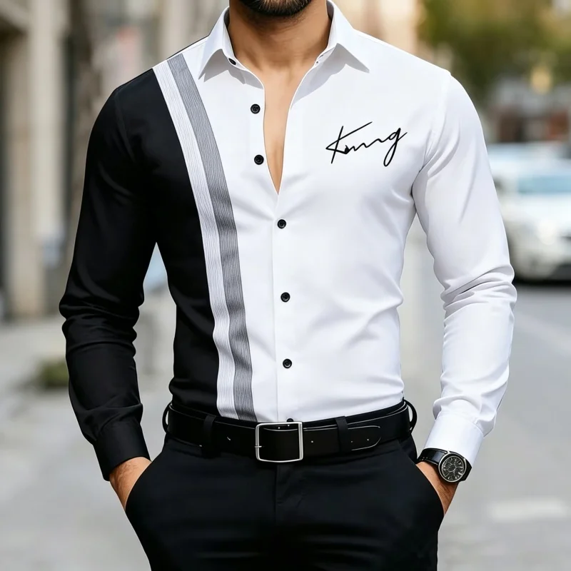 Autumn Men's King Shirt Polyester Casual Men's Long sleeved shirt Breathable Home Button up shirt Fashion Men Business Shirt top