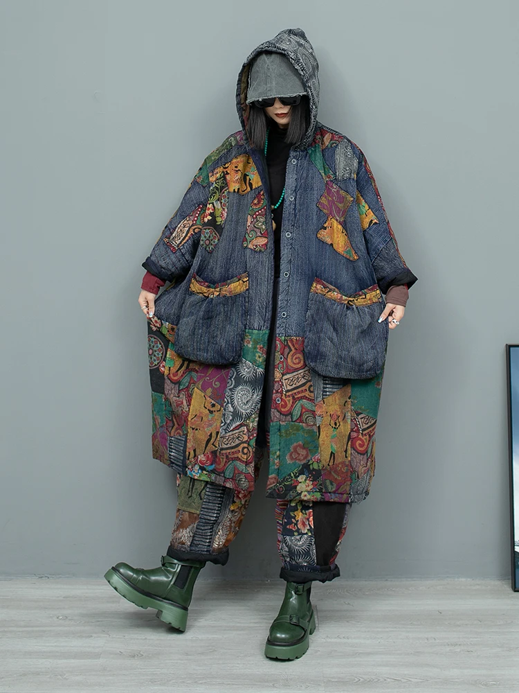 Printed Linen Splicing Pant Set Hooded Bat Sleeve Clip Cotton Coat + Pant Two Piece Set Women Winter Fat LX2751