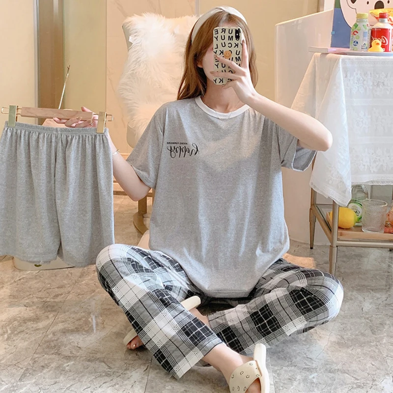 3 Sets Of New Summer Women\'s Pajamas Set Of Short-Sleeved Long Pants Casual Girls Homewear Sets Teenage Homewear