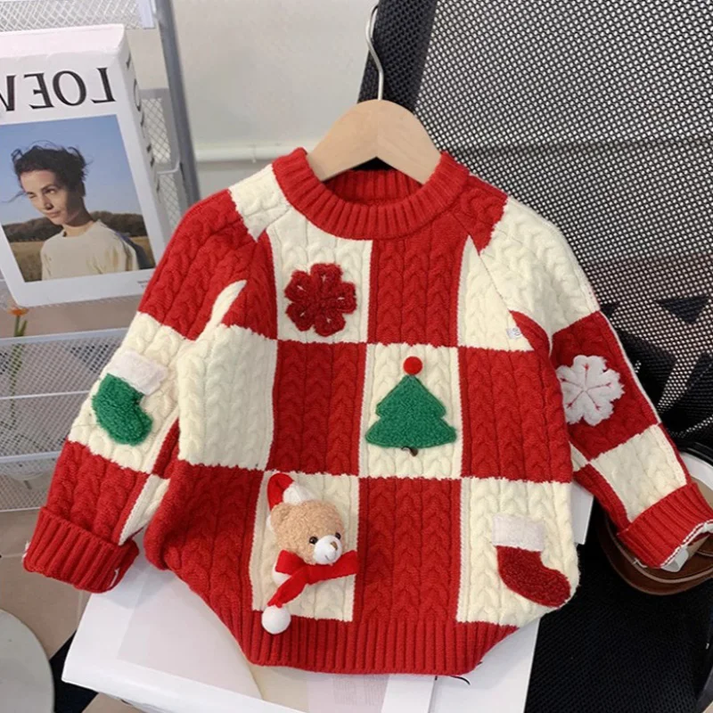 

Girls2024New Autumn and Winter Sweaters Girls' Autumn and Winter Clothes Red round-Neck Christmas Striped Bear Top