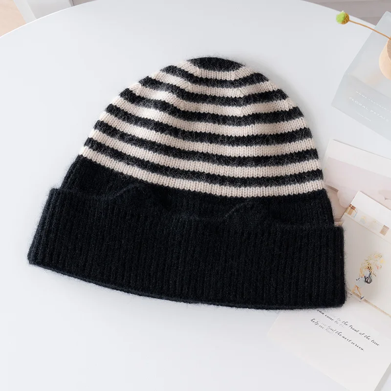 Two-Tone Striped Children'S Hat Unisex 100% Pure Cashmere Wavy Brim Knitted Warm Cold Weather Hat