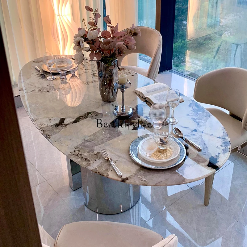 

*Natural luxury stone dining table high-end light luxury imported marble oval