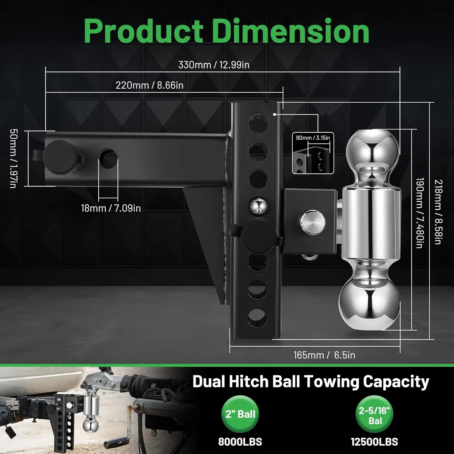 Gancio per rimorchio regolabile, ricevitore da 2', caduta/aumento da 6', 12500 libbre GTW, nero