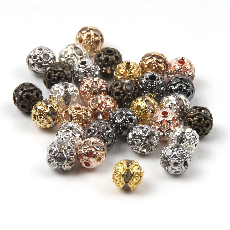 50pcs 6mm 8mm Metal Plated Crystal Rhinestone Round Ball Spacer Loose Beads For Jewelry Making DIY Bracelet Necklace Accessories