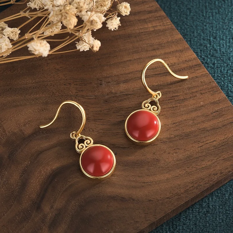 Vintage Palace Extended Wind Gourd Earrings Inlaid Imitation South Ruby Earrings for Women Pendientes Mujer Jwellery for Girls