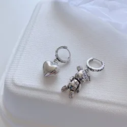 Hot Sell Elegant Asymmetric Bear & Love Heart 925 Silver Needle Ladies Tassels Stud Earrings Jewelry For Women Gifts No Fade