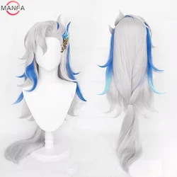 Fontaine Neuvillette Wig Cosplay Anime Wig 95cm Long Silver Grey Blue Wig Heat Resistant Synthetic Hair + Wig Cap