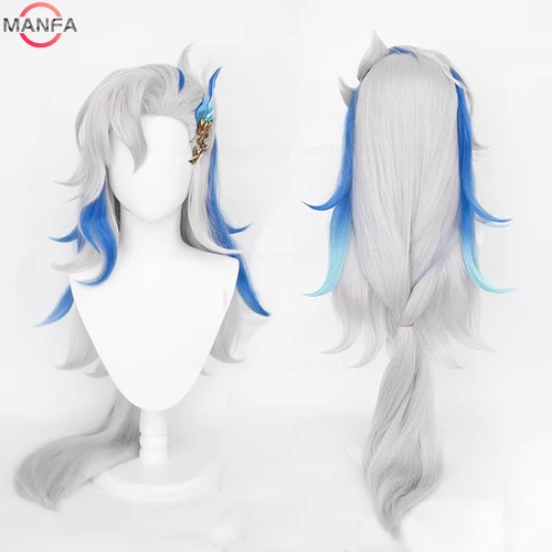 Peluca Fontaine Neuvillette, peluca de Cosplay de Anime de 95cm de largo, peluca azul gris plateada, pelo sintético resistente al calor + gorro de peluca