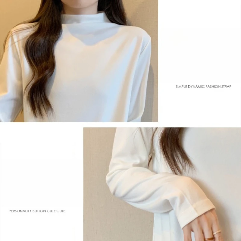 Warm Base Layer Tops Women's Velvet Knitted Turtleneck T-Shirt Autumn Winter Fashion Long Sleeve Solid Color Oversized Tees