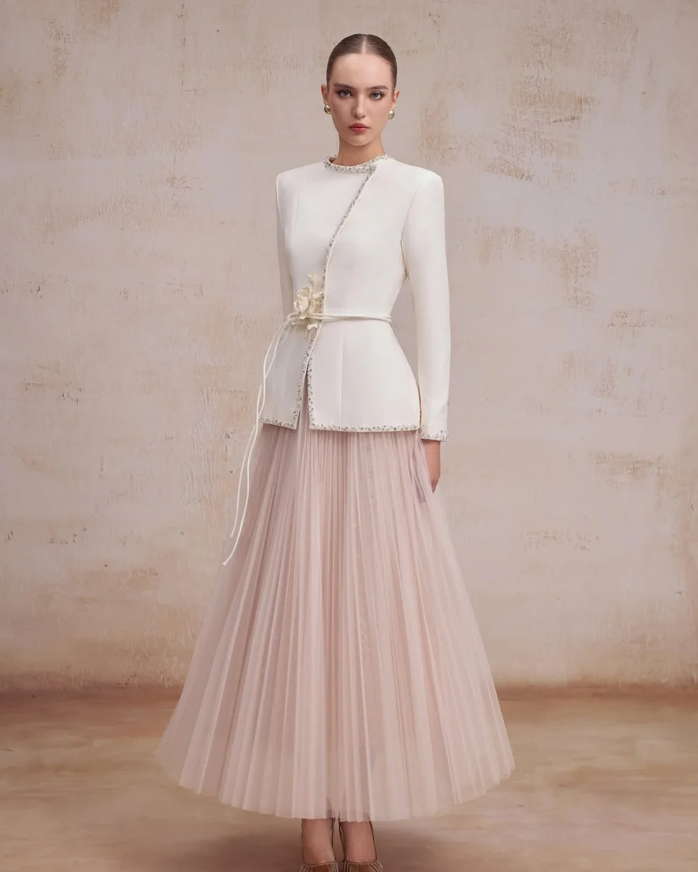 Customized Elegant Women Jersey Beading Handmade Flower A-line Evening Dresses High Quality Matching O-Neck Ankle Length Dresses