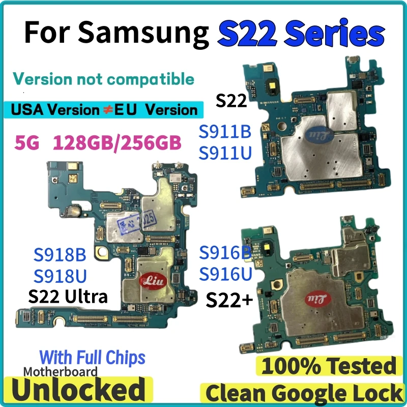 

Разблокированная материнская плата (логическая плата) для Samsung Galaxy 5G S22 S901U S901B S22 Plus S906B S906U S22 Ultra S908U S908B (версии для ЕС и США)