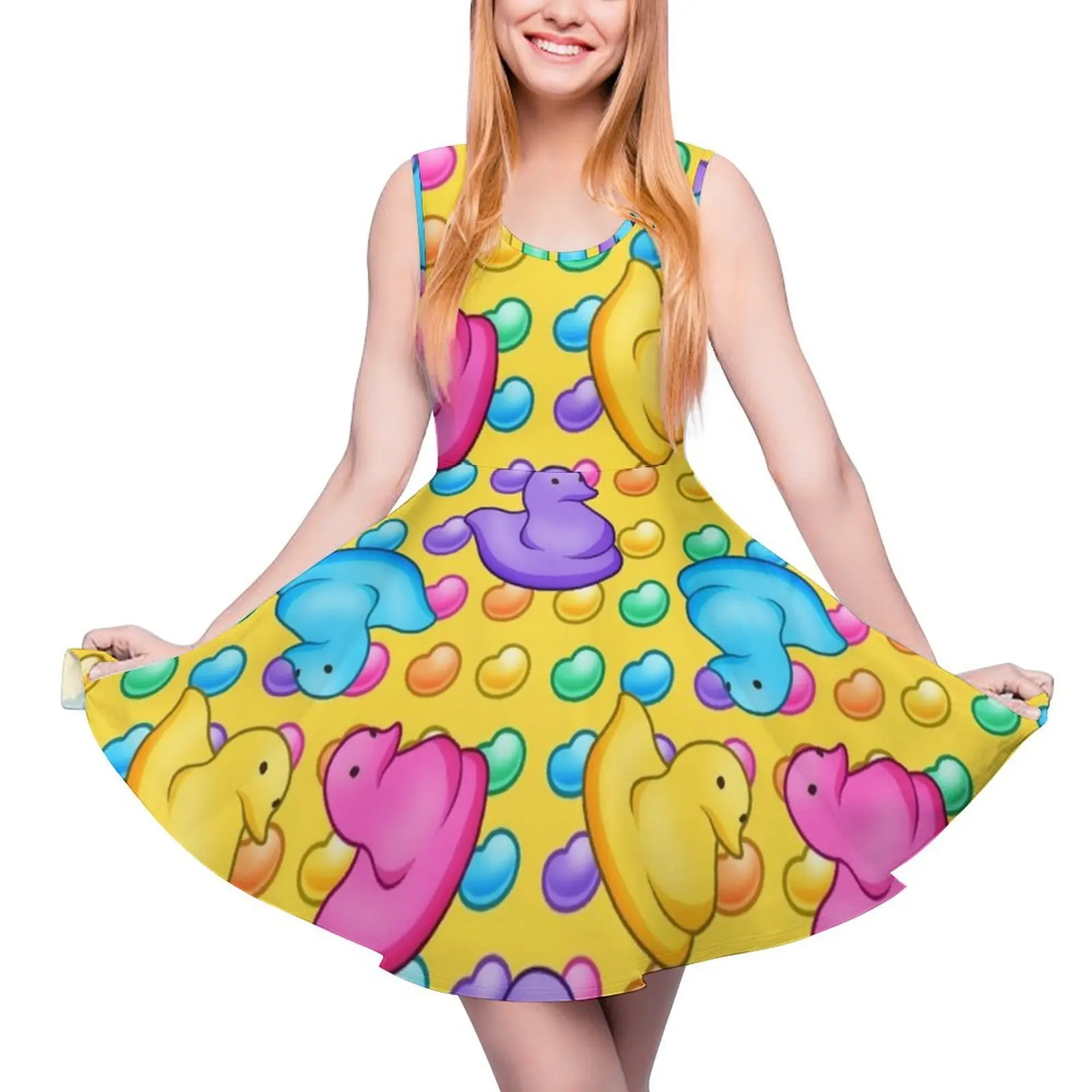 Marshmallow Peeps w/ Rainbow Jelly Beans on Yellow - Easter Peep Chick Sleeveless Dress Women