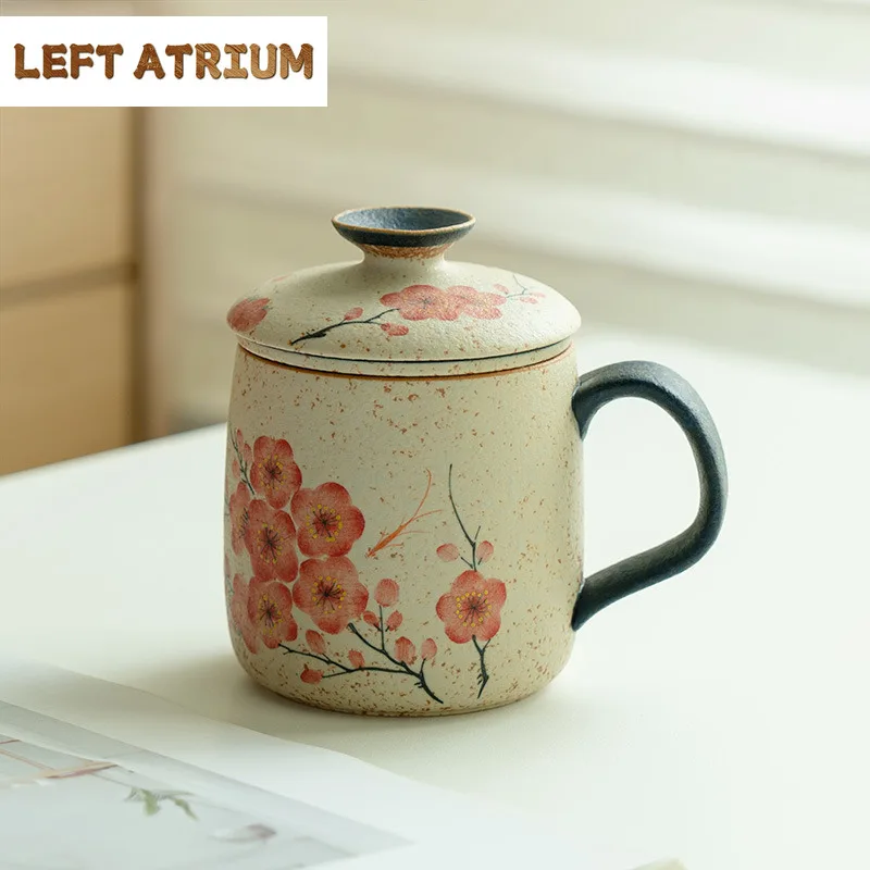 

430ml Hand-painted Plum Blossom Filter Tea Separator Cup Handmade Tea Mug With Infuser Tea Maker Office Water Cup Drinkware Gift