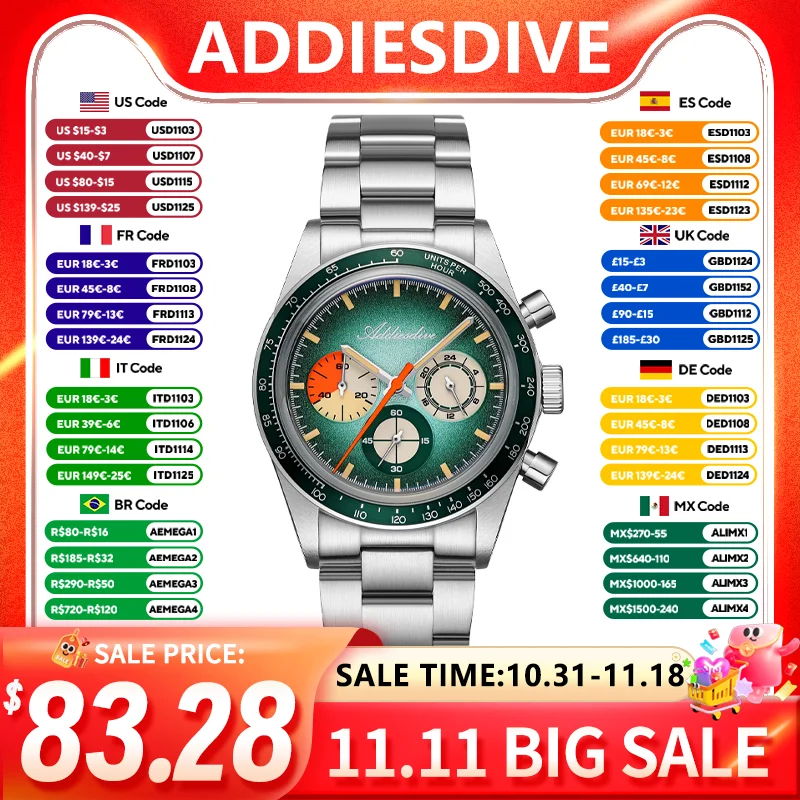 ADDIESDIVE 37mm Men's Watch Luxury Vintage Watch 0S20 Bubble Glass 316L Stainless Steel 100m Water-Resistant Quartz Chronograph